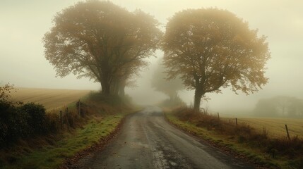 A foggy road with two trees on either side
