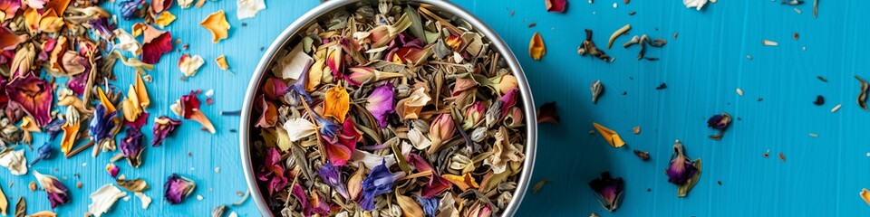Dried flower leaves of herbal tea in a tin jar, top view.