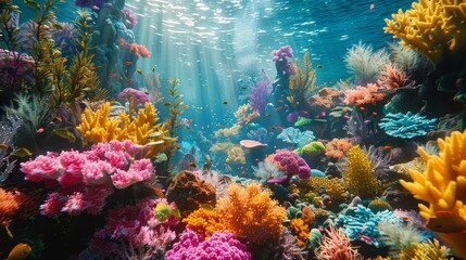 A colorful coral reef with many different types of fish swimming around. The bright colors of the fish and coral create a vibrant and lively atmosphere