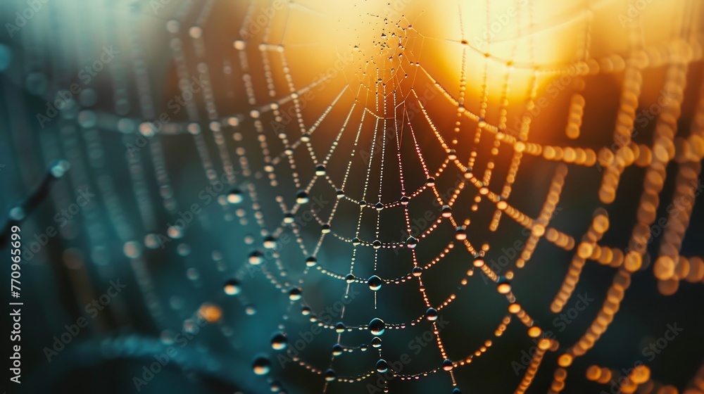 Poster a spider web with water droplets on it. the web is very intricate and the water droplets add a sense