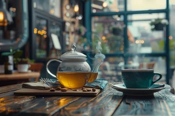Sierkussen a cup of tea and a teapot on a wooden table © Robert
