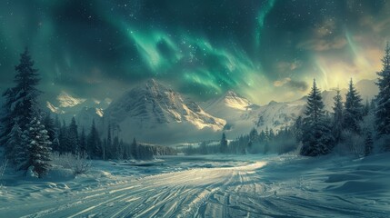 A beautiful landscape with mountains and a road in the snow. The sky is filled with auroras, creating a serene and peaceful atmosphere