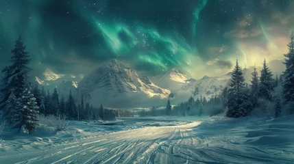 Deurstickers A beautiful landscape with mountains and a road in the snow. The sky is filled with auroras, creating a serene and peaceful atmosphere © Rattanathip