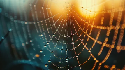 Fotobehang A spider web with water droplets on it. The web is very intricate and the water droplets add a sense of movement and life to the image © Rattanathip