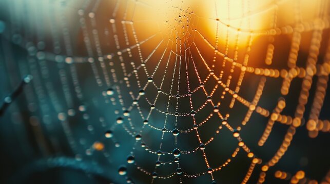 A spider web with water droplets on it. The web is very intricate and the water droplets add a sense of movement and life to the image
