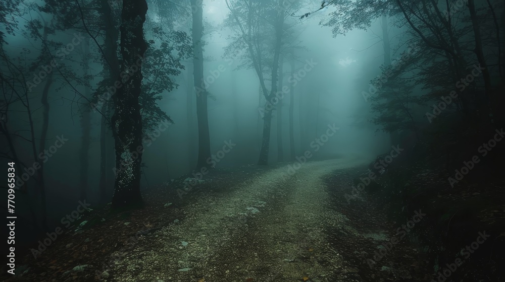 Poster a forest path is shown in the dark with fog and mist. the trees are tall and the path is narrow. sce