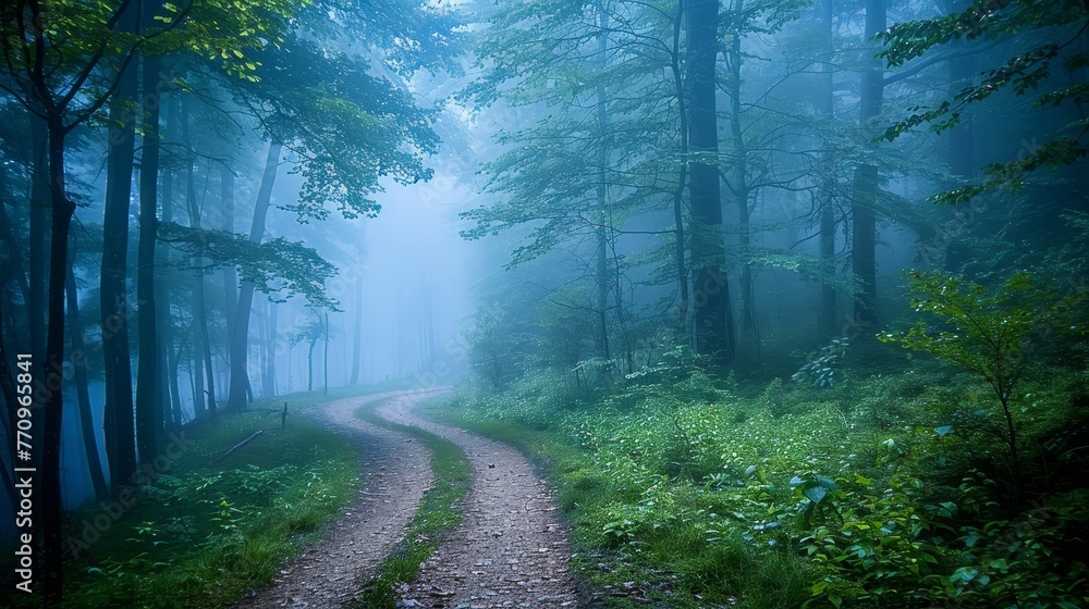 Aufkleber a forest path is shown in the rain with a foggy atmosphere. the trees are green and the path is made