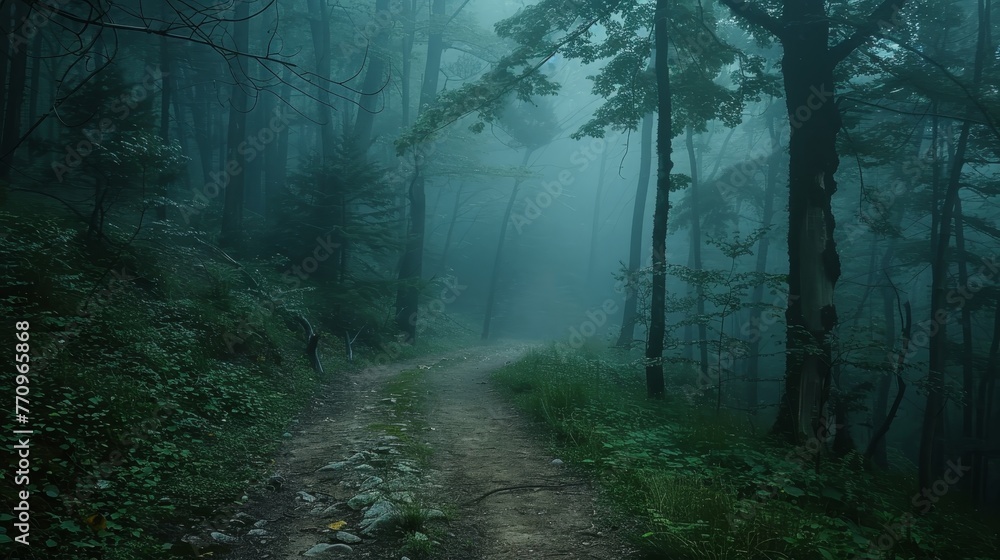Poster a forest path is shown in the rain, with trees and bushes lining the road. scene is dark and mysteri