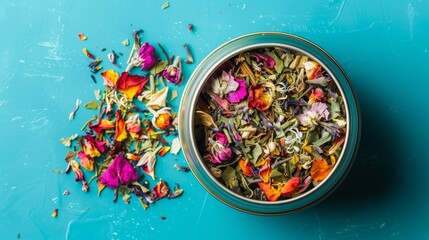 Dried flower leaves of herbal tea in a tin jar, top view.