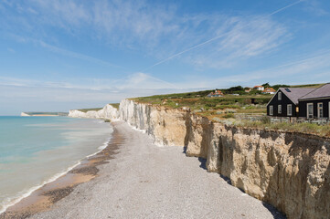 Houses on the cliffs in Birling Gap, Seven Sisters, Eastbourne, UK