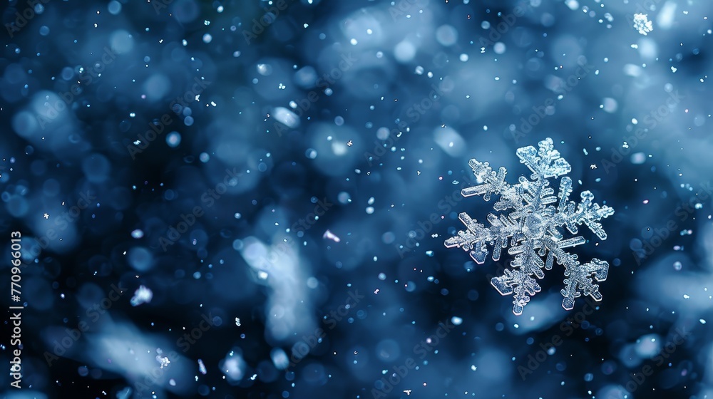 Poster A snowflake is floating in the air above a blurry blue background. The snowflake is the main focus of the image, and it is the only thing that is clear and distinct in the scene