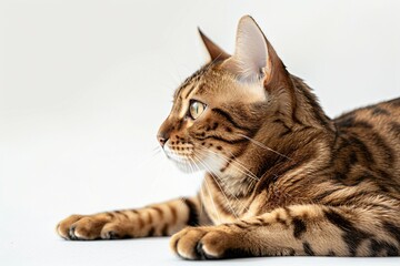 Bengal cat laying down on a white floor