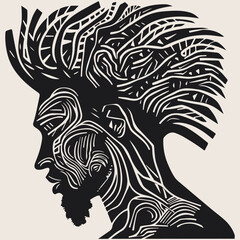 Abstract art vector outline illustration of african man face. Black and white coloring page of human face portrait. Modern print, poster image