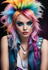 Fototapeta premium Woman with bright face makeup and multi-colored hair. Beautiful fashion model.