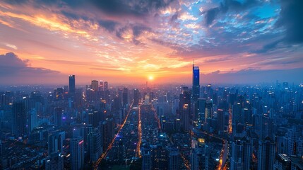 A city skyline with a beautiful sunset in the background. The sky is filled with clouds and the sun is setting, creating a warm and peaceful atmosphere