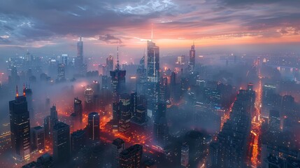 A city skyline with a foggy atmosphere and a beautiful sunset. The city is lit up with lights, creating a warm and inviting mood