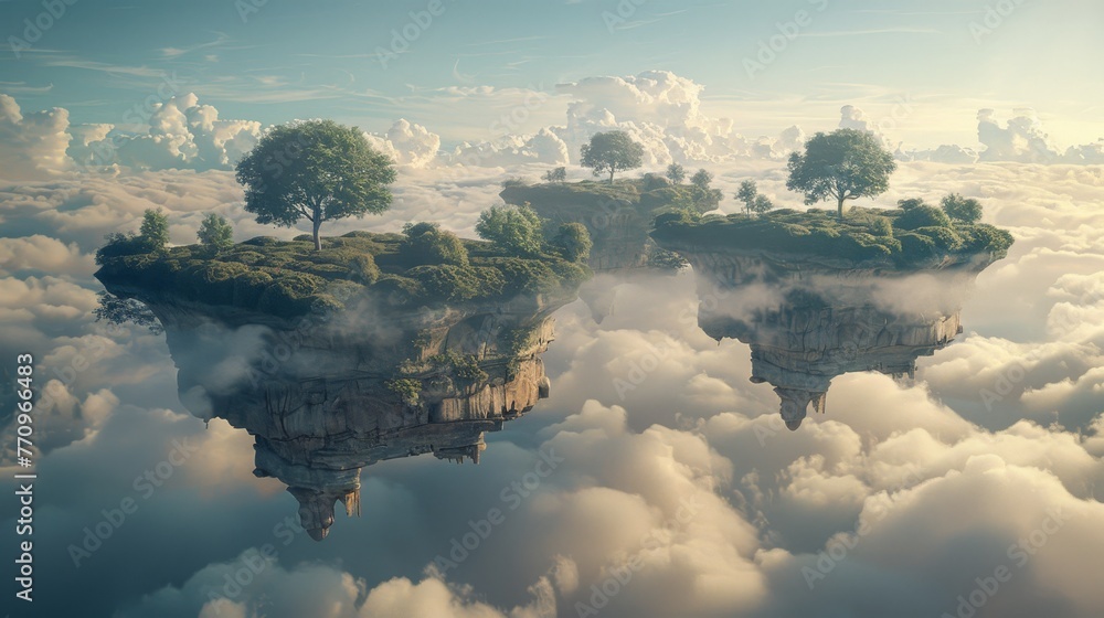Poster a beautiful, serene scene of three islands floating in the sky, with trees and clouds surrounding th