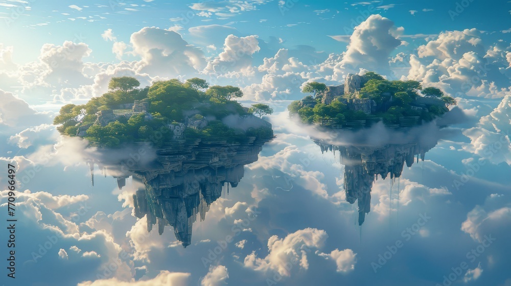 Poster two islands floating in the sky with clouds surrounding them