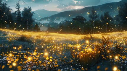A field of yellow flowers with a sky in the background. The sky is cloudy and the flowers are lit up with a golden glow