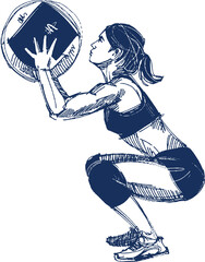 the vector illustration hand-drawn sketch of the fit woman with a med ball in her hands  
