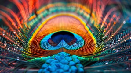 A colorful feather with a blue center and red and yellow edges. The feather is wet and has a rainbow-like appearance