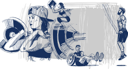 hand-drawn illustration of a man doing an exercise with a speed rope jump, a woman lifting a heavy weight on a barbell, and another  man doing his weight work  - obrazy, fototapety, plakaty