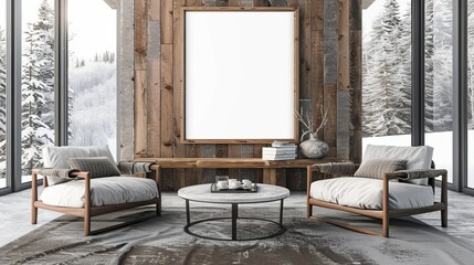 Photo mockup of an interior design scene with two armchairs, a coffee table and a wooden frame on the wall in front of it