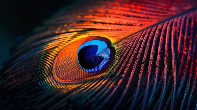 A close up of a peacock feather with a blue eye. The feather is vibrant and colorful, with a mix of red, orange, and blue hues. The eye is the focal point of the image