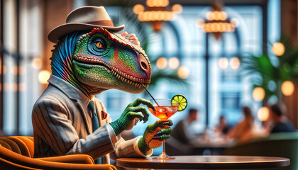Humanoid dinosaur having cocktail at bar