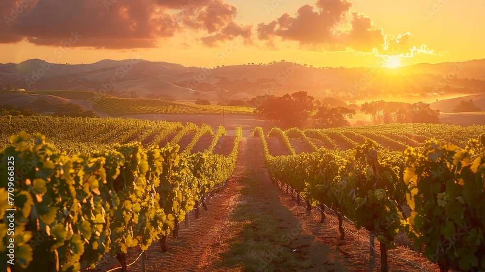 Poster a sunlit vineyard with rows of grape vines. the sun is setting in the background