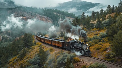 A steam train is traveling down a mountain track. The train is surrounded by trees and the smoke from the train is visible. The scene is peaceful and serene