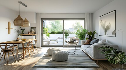Fototapeta premium Stylish scandinavian living room interior of modern apartment with wooden commode design table chairs carpet