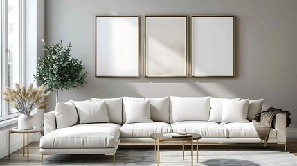 Sunny and bright space of living room with stylish sofa pillows coffee table mock up poster frame