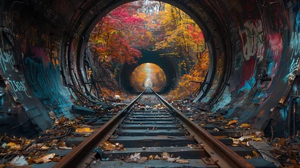 Fotobehang Focus on the intricate decay of an abandoned subway tunnel, its tracks choked with debris and graffiti-covered walls bearing silent witness to the passage of countless trains. © Rana