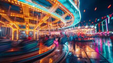 A carnival with many rides and people. The carnival is lit up with bright lights and the people are enjoying themselves - obrazy, fototapety, plakaty