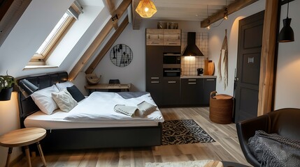 There is a double bed and small kitchen in the space