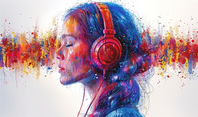 Young woman listening to music with headphones, colorful paint - obrazy, fototapety, plakaty