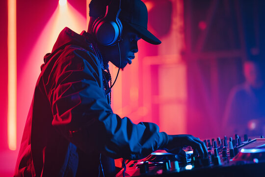 Focused DJ adjusting equipment at a soundboard in a nightclub with dynamic lighting