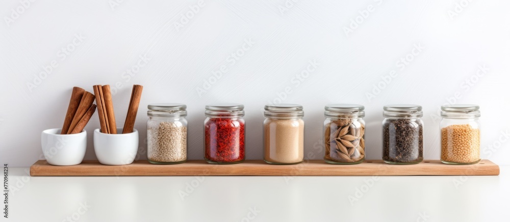 Poster a rectangle wooden shelving unit displays a variety of jars filled with spices and cinnamon sticks, 