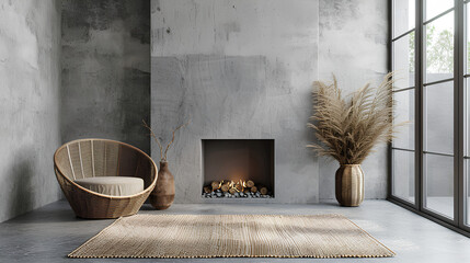 The stylish living room interior with grey fireplace, rattan armchair, concrete wall and dried flowers. Grey floor with beige carpet