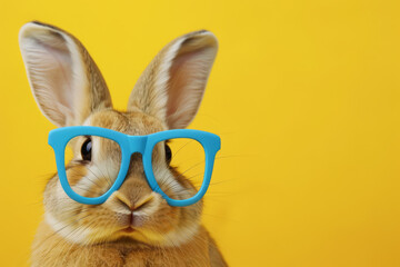 Funny easter bunny wearing blue glasses on yellow isolated backgroung.