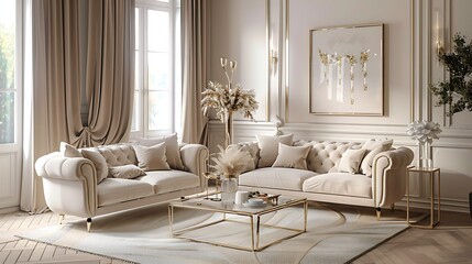 Fototapeta premium very light and bright interior of luxurious cozy living room with chic soft beige furniture with gold metallic elements