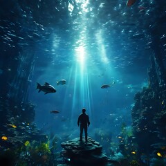 Fototapeta na wymiar scene with fishes a man in the underwater