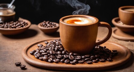 Hot coffee cup with and roasted beans. Generative AI