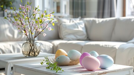 Warm and cozy composition of easter living room interior with coffee table, white sofa, colorful...