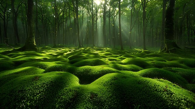 In the heart of a sun-dappled forest, a carpet of emerald moss stretches as far as the eye can see. 