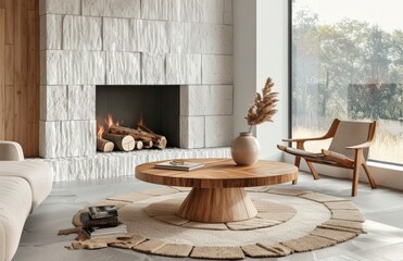 Dining room with a round wooden table, a mint green sofa and a sideboard in walnut wood