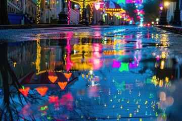 Reflection of vibrant Mardi Gras parade lights on a wet street surface.