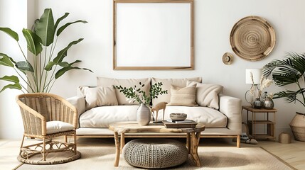 Warm and cozy interior of living room space with mock up poster frame wooden table beige sofa rattan chair decoration - obrazy, fototapety, plakaty
