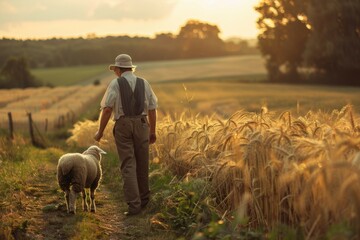 a british man with a shepherd is feeding a sheep. field with wheat. country road --ar 3:2 Job ID: da6993a8-f1b1-47af-b956-e68e28b09d9a